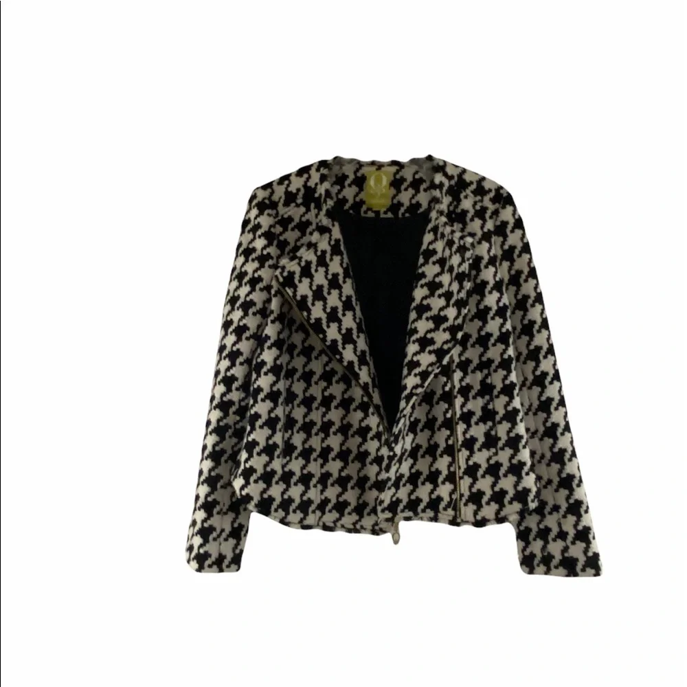 Q Mack Herringbone Blazer Black & White Jacket Asymmetrical Gold Zip Size M - Picture 8 of 14